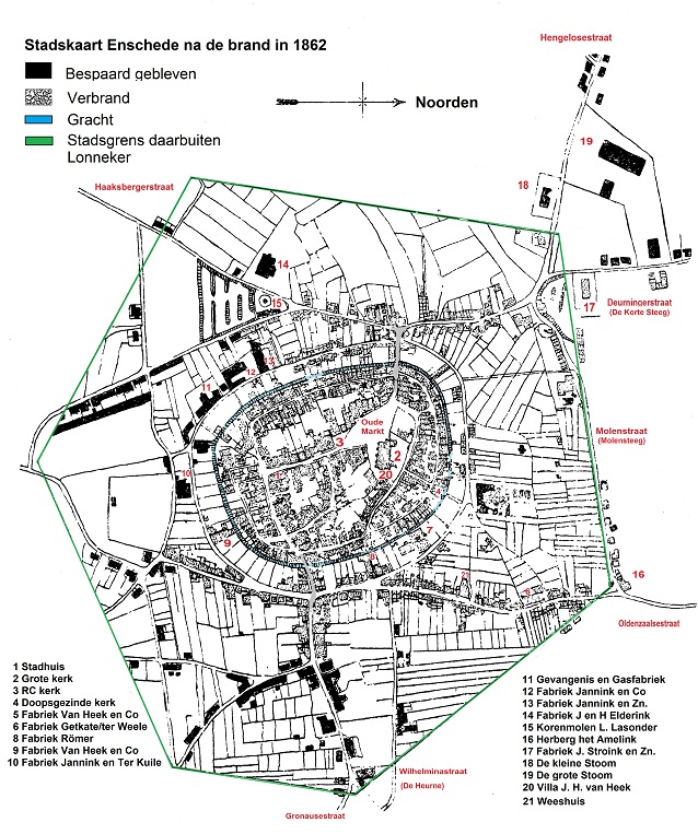 Stadskaart Enschede na de brand 1862
